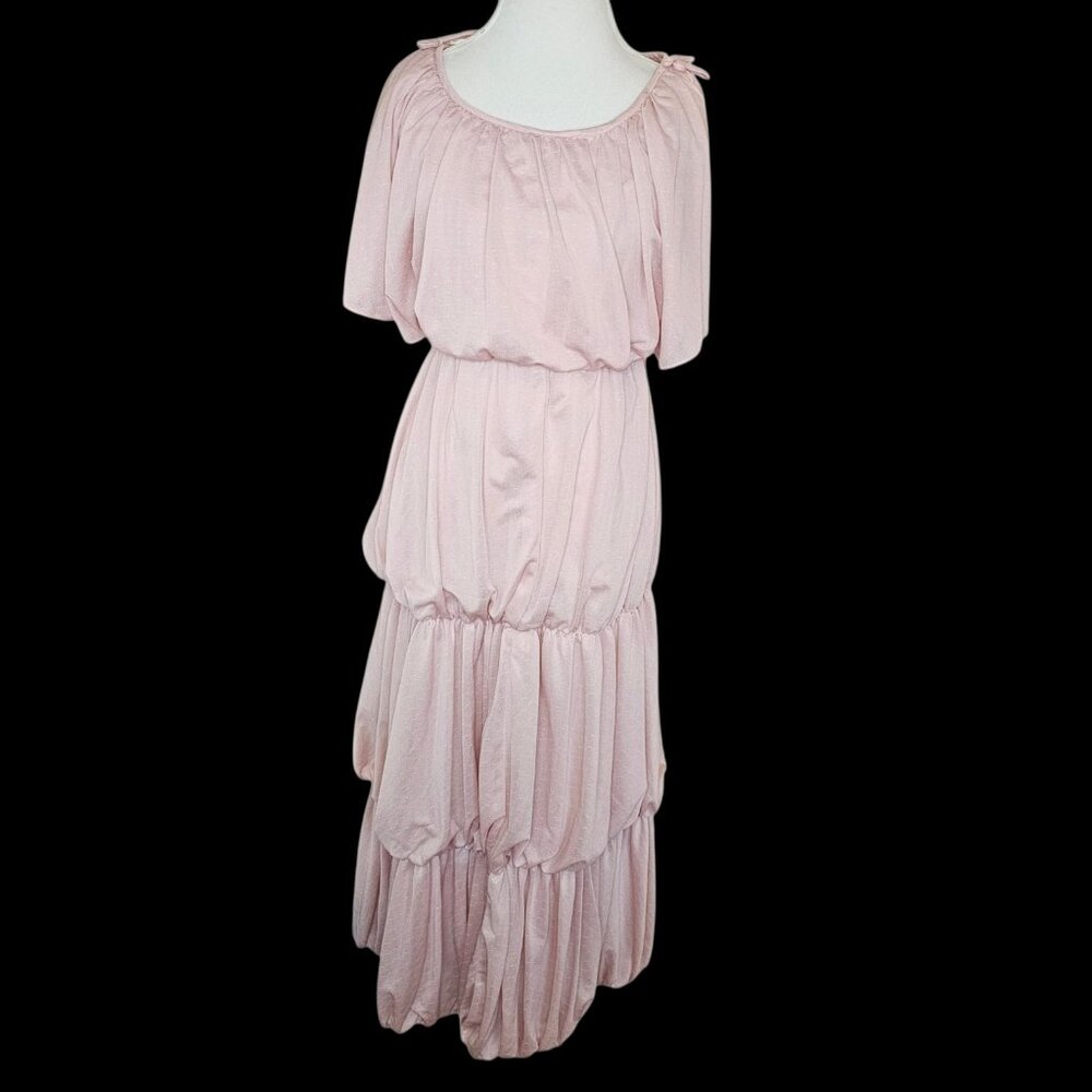 VTG Light Pink Tiered Maxi Dress Slit‎ Sleeve Sz 6 1970s Dusty Pink Coquette